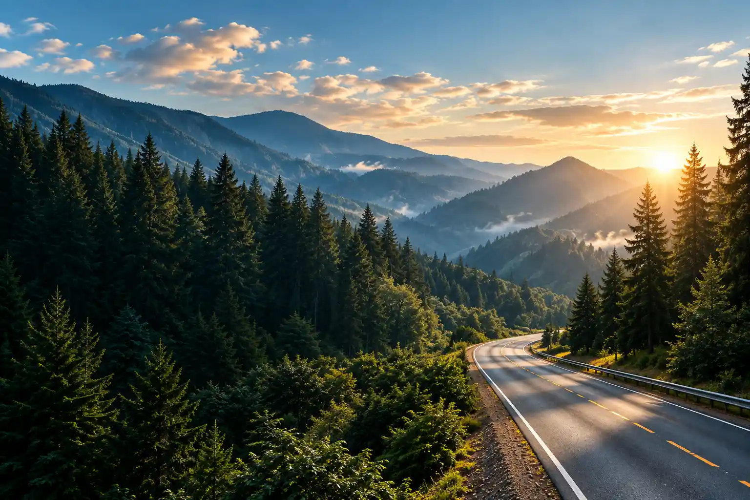 Mountain road through a forest at sunrise