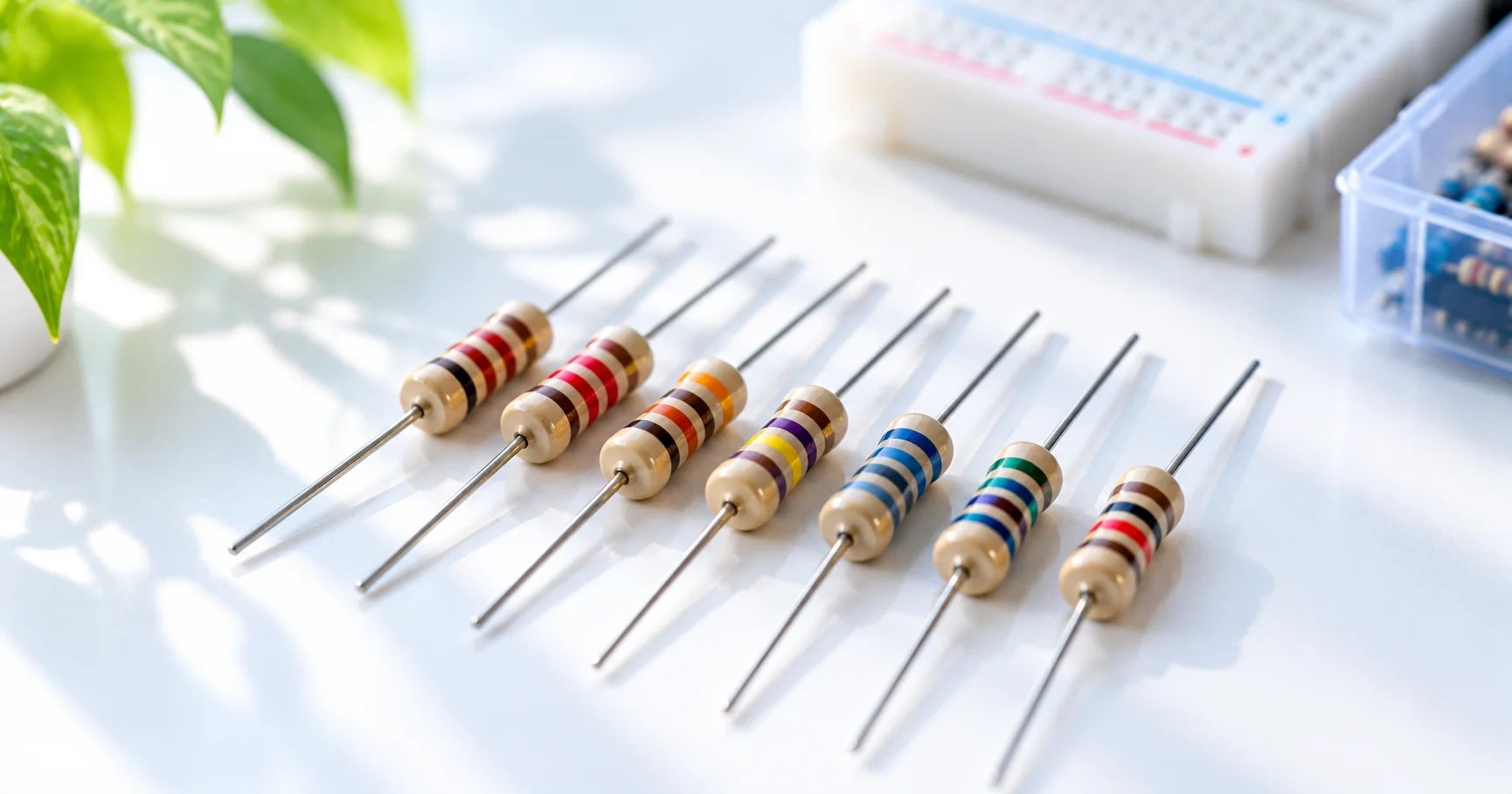 A row of colour-banded resistors lined up on a white surface in close-up, showing the colour code.