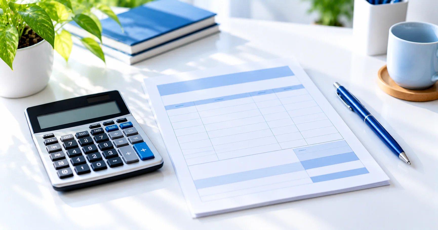 A calculator, a blank invoice sheet and a pen on a white desk, for working out GST on a bill.