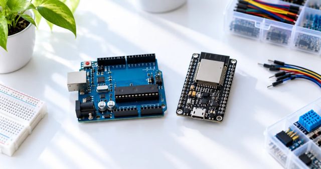 An Arduino Uno and an ESP32 development board placed side by side on a white surface for comparison.
