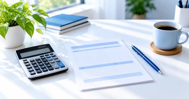 A calculator, pen and blank paper slip on a bright desk with a coffee cup, for working out monthly pay.