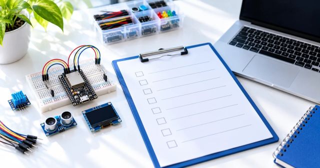 A clipboard with an empty checklist beside an ESP32 kit and a laptop on a white desk.