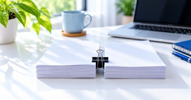 Two stacks of paper pages joined with a binder clip beside a laptop on a white desk.