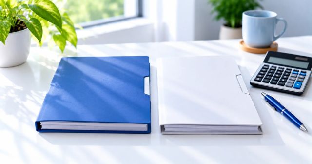 A blue folder and a white folder side by side with a calculator and pen, for comparing choices.