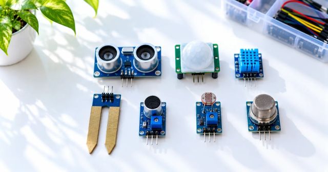 An ultrasonic sensor, PIR sensor, temperature sensor and light sensor arranged neatly on a white surface.