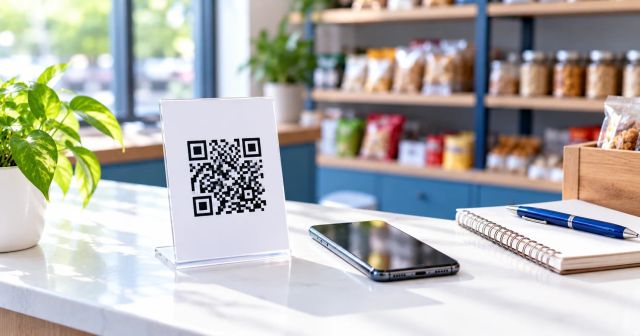 A shop counter with a QR code stand and a smartphone, ready to take a digital payment.